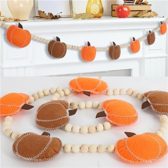 New Fall Pumpkin‎ Garland & Wood Bead Decor - Indoor Banner for Mantle & Wall - Picture 1 of 7